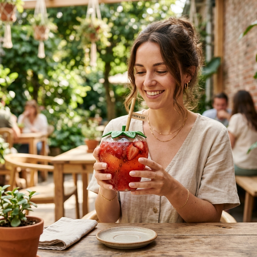 Person holding strawberry beverage container in an eco café terrace
